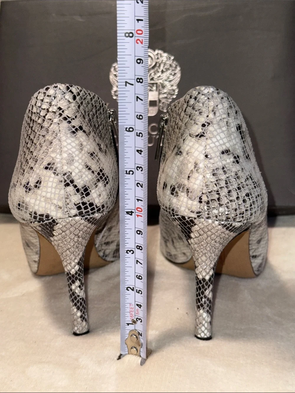 Vince Camuto Careeta Black and White Python Peep-Toe Stiletto Booties, Sz 9